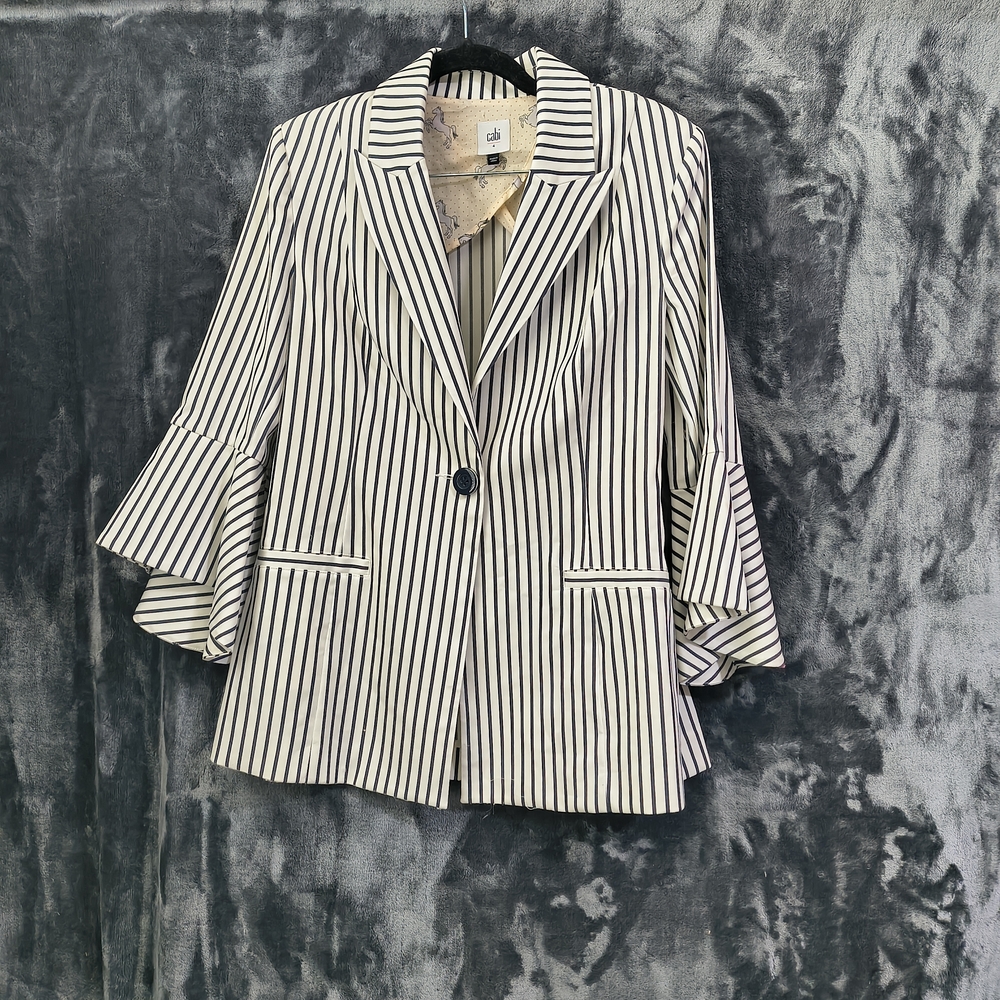 CAbi White Blazer with Black Pinstripes and Ruffle Sleeves